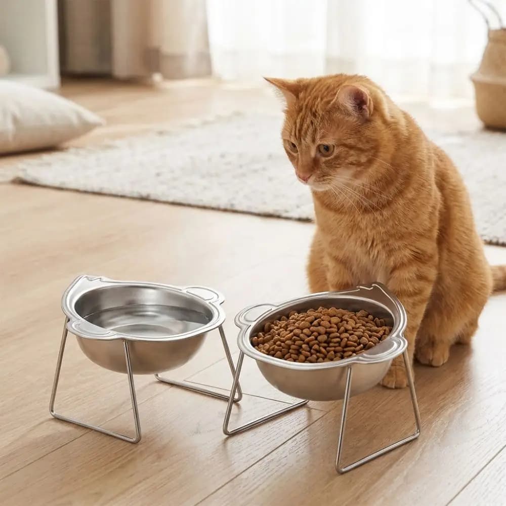 Ciotole Rialzate per Gatti in Acciaio Inox, Inclinazione 15 Gradi per Protezione del Collo, Ciotola Stabile Antiribaltamento per Cibo e Acqua