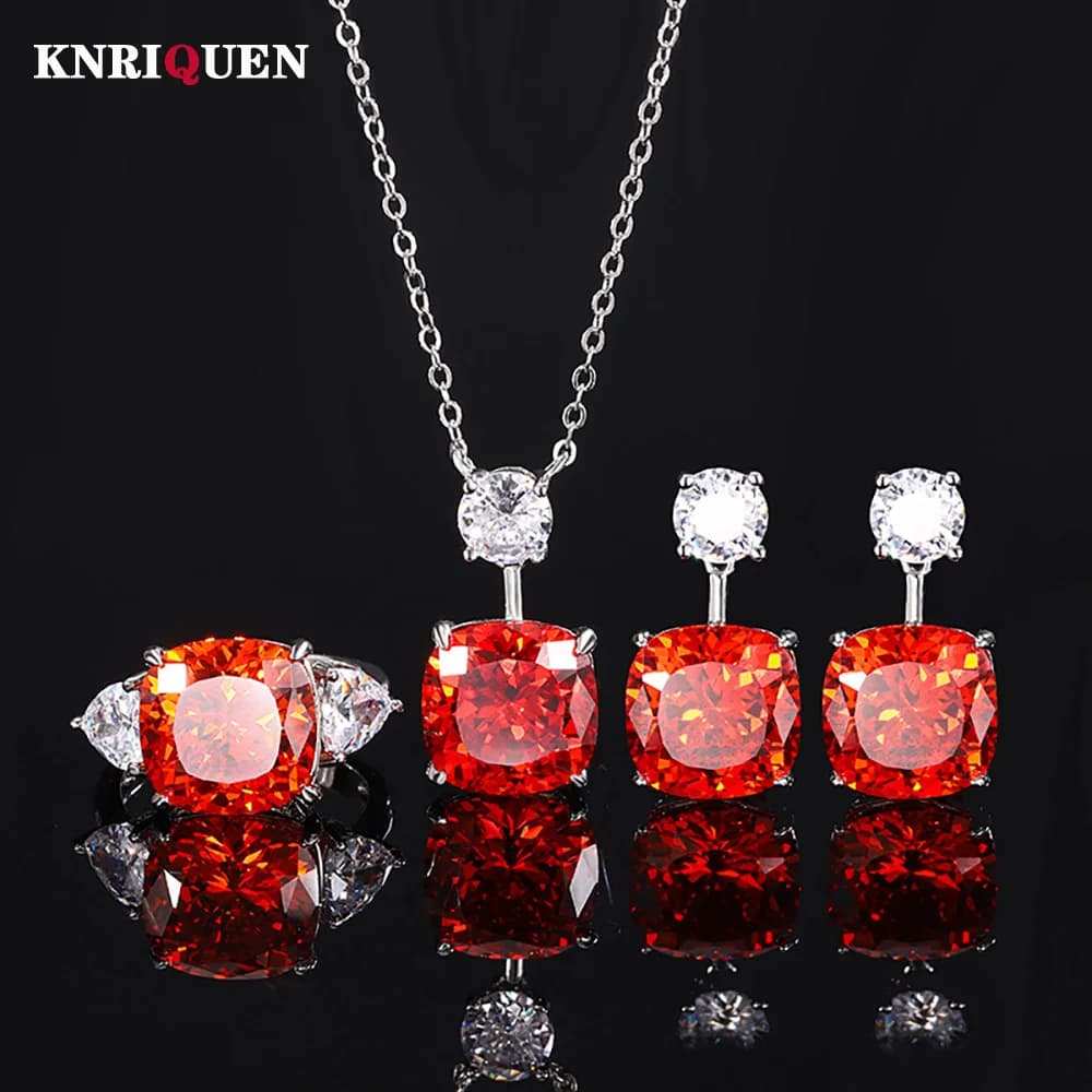 2025 Retro 12*12mm Lab Ruby Gemstone Necklace Pendant Ring Earrings Cocktail Party Fine Jewelry Set for Women Accessories Gift