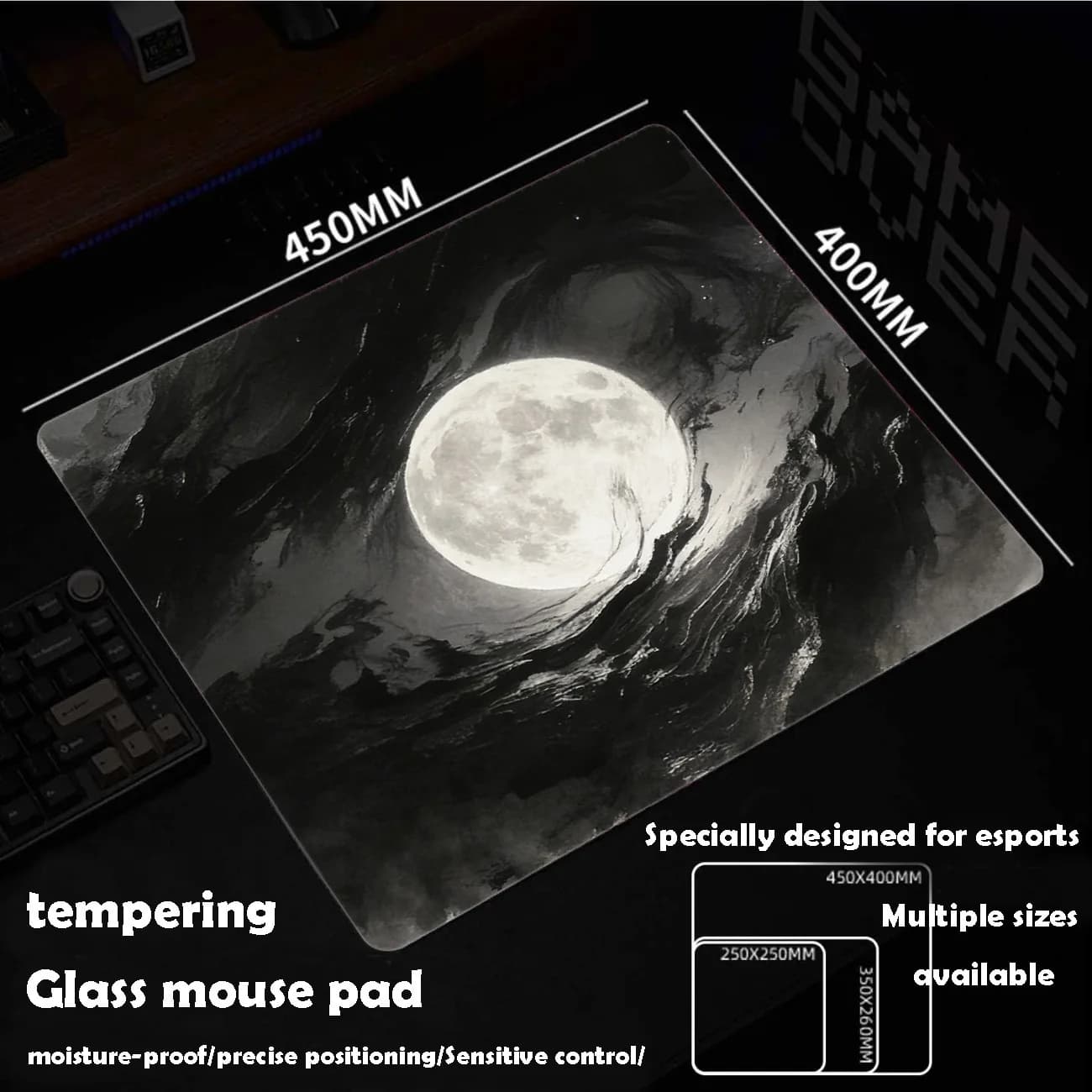 Tappetino per Mouse in Vetro con Motivo Luna Piena, Tappetino da Gioco Sora Personalizzato, Superficie Liscia Temperata per Gaming FPS, Esports e Ufficio