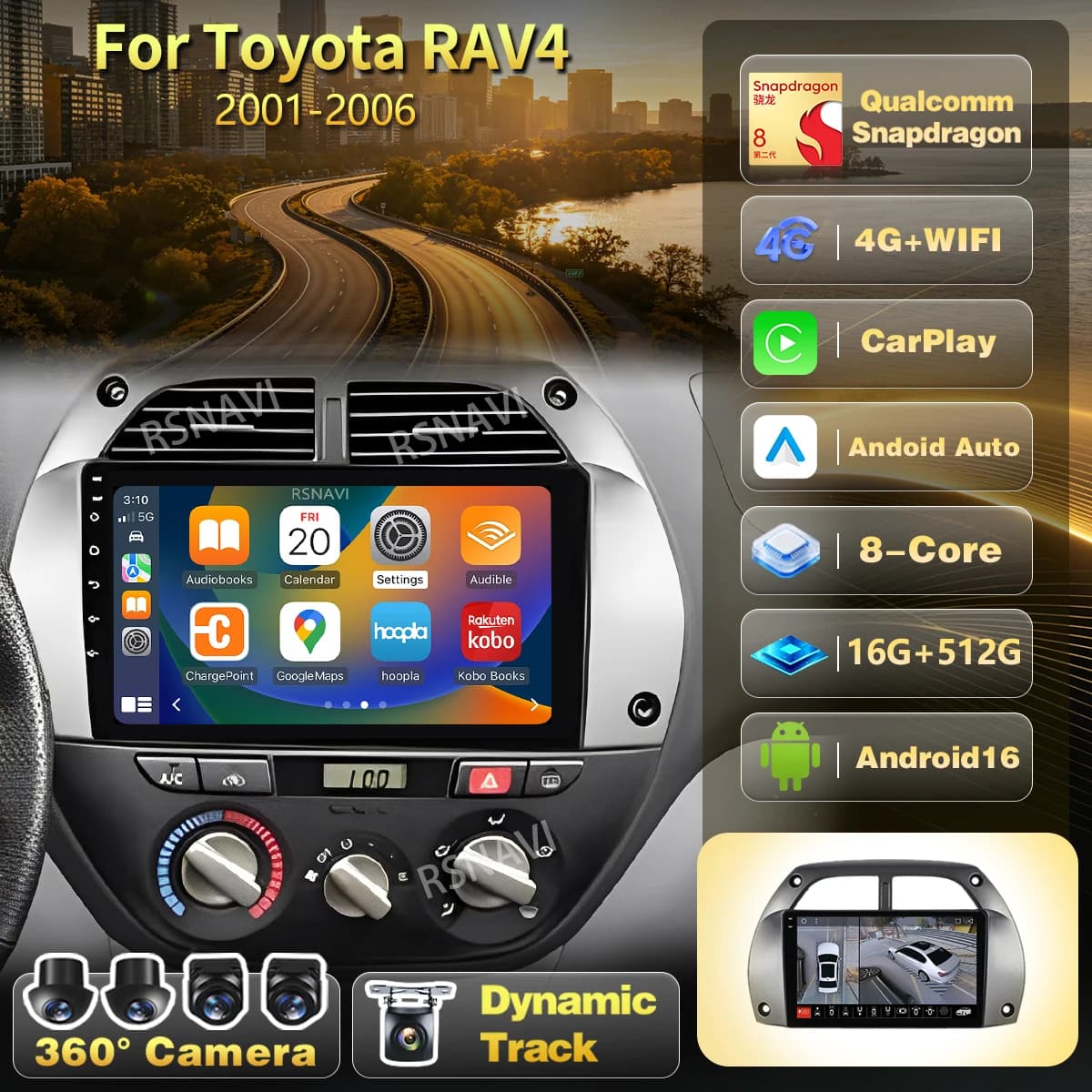 Qualcomm Android 16 Carplay Car Radio For Toyota RAV4 Rav 4 2001 2002 2003 - 2006 BT Multimedia GPS Player Stereo DSP Head Unit