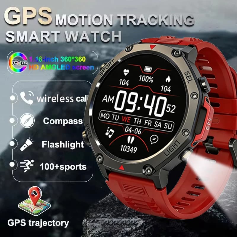 Military Outdoor Smart Watch Men True GPS Watches Flashligh Wireless Call 1.46" AMOLED Screen 5ATM Waterproof Sports Smartwatch