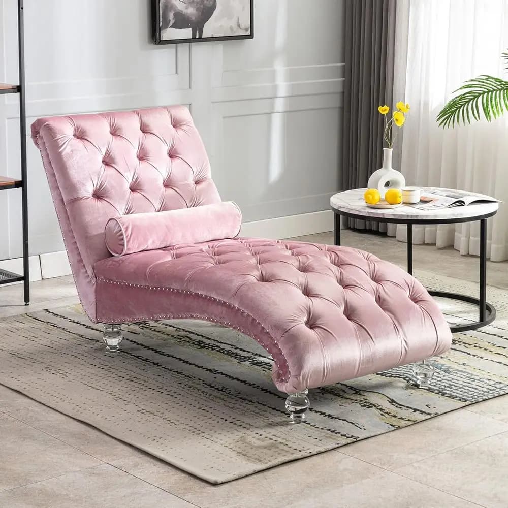 Chaise longue in velluto con gambe in acrilico, cuscino lombare e braccioli per soggiorno o camera da letto (rosa)