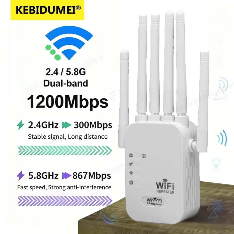 Kebidumei 1200Mbps Ripetitore WiFi Router Wireless WIFI Extender Amplificatore Dual Band 2.4G/5GHz Ripetitore di Segnale di Rete A Lungo Raggio