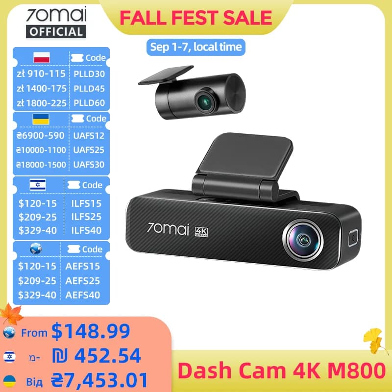 70mai Dash Cam 4K M800 2160P GPS integrated 128 GB ADAS Support 24 hours parking protection Compatible with 4G Updated version. of 70mai M500