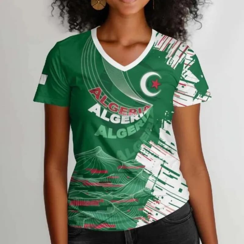 Women Algerian Style V Neck Soccer Jersey 2026 Global Football Tournament Fan Shirt Breathable Short Sleeve Green White Tee Top