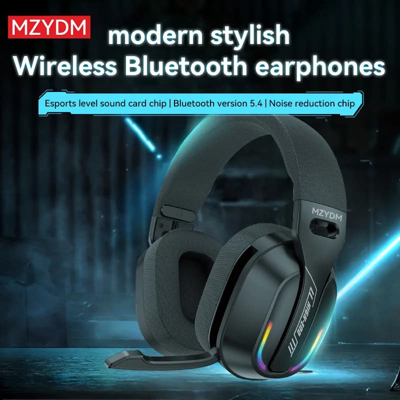 MZYDM B500 Wireless Bluetooth 5.4 Gaming Headset with RGB Light, Low Latency Over-Ear Headphones with Microphone for PC Earphone
