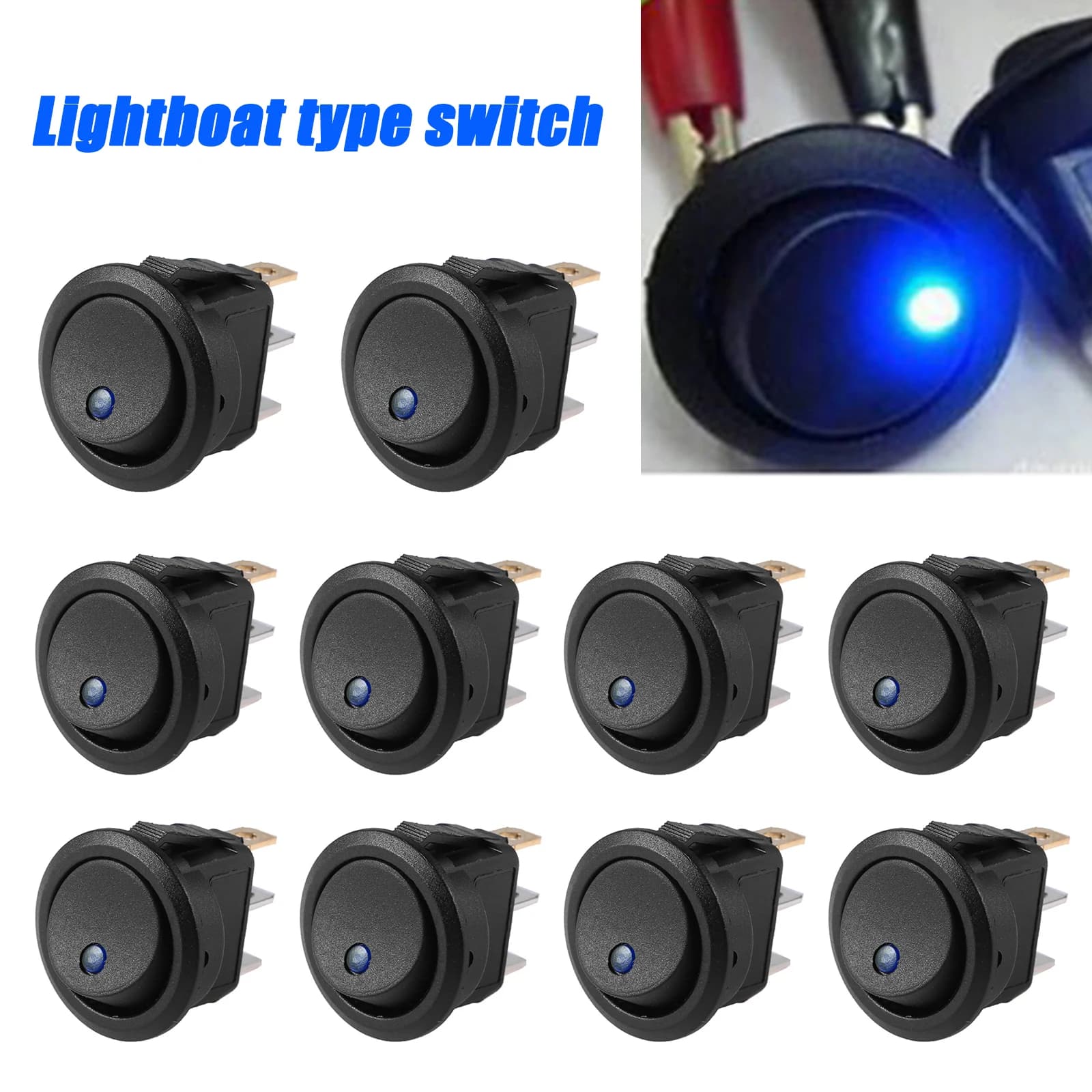 10 pz Interruttore di Controllo Auto Rotondo Rocker Dot Barca Illuminato Blu HA CONDOTTO LA Luce Toggle Pulsante ON/OFF per Moto Barche Marine