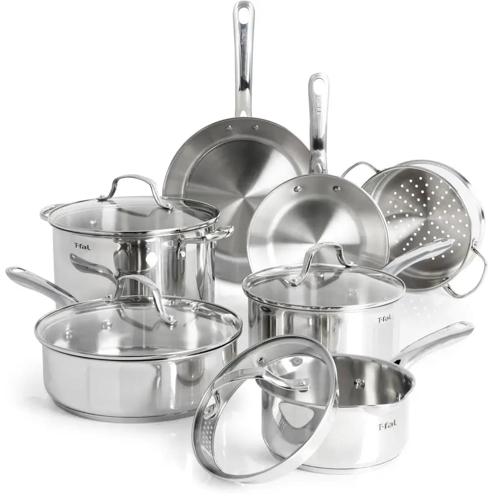 Set di Pentole in Acciaio Inox da 11 Pezzi, Adatto per Induzione e Forno, Include Padelle, Sottopiatti, Padella per Saltare, Pentola Olandese, Vaporiera, Dis