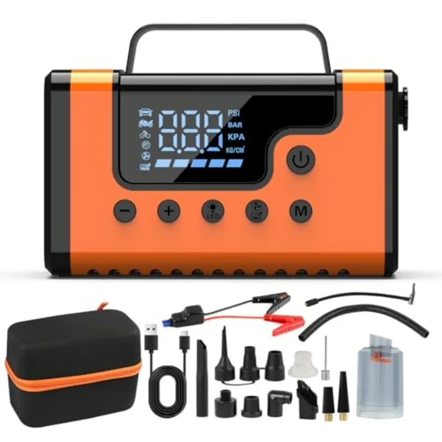 Avviatore di emergenza per auto di picco da 3000 A con compressore d'aria da 150 PSI, power bank portatile da 12 V per motori diesel da 8,0 litri e 6,0 litri, emergenza 8 in 1