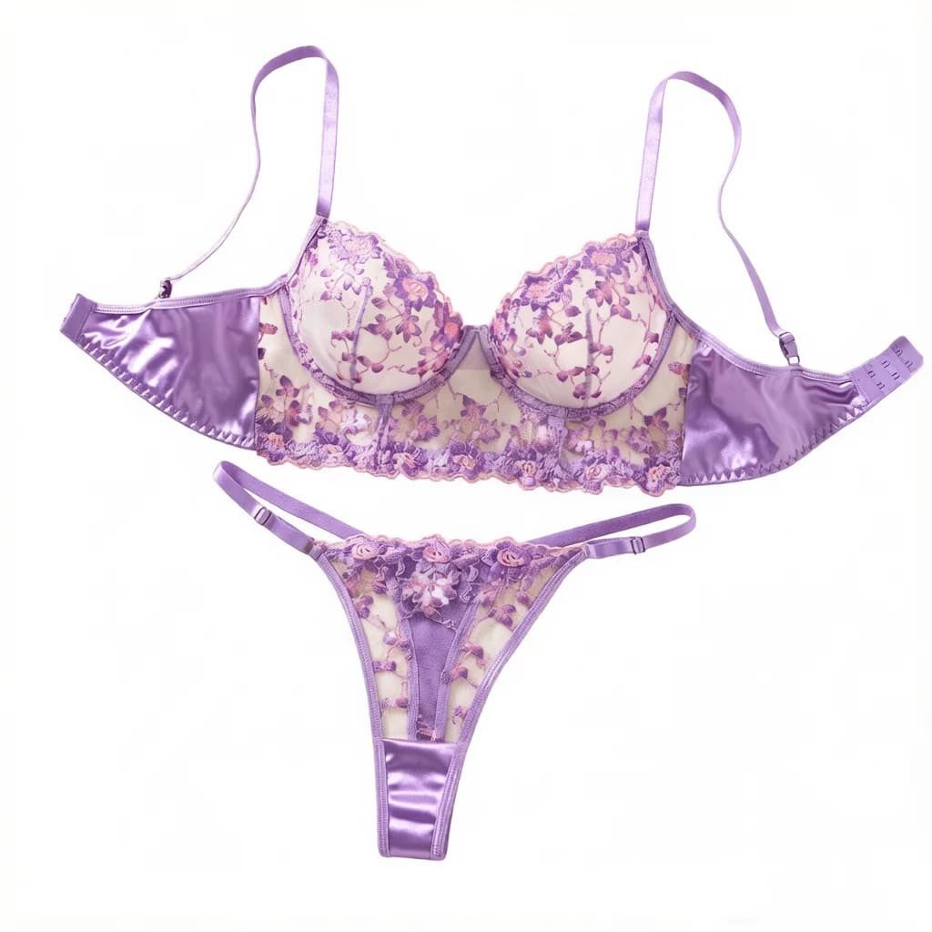 Elegant Floral Lace Lingerie Set Women Purple Satin Underwire Bra With Thong Romantic Intimate Underwear ZA825246
