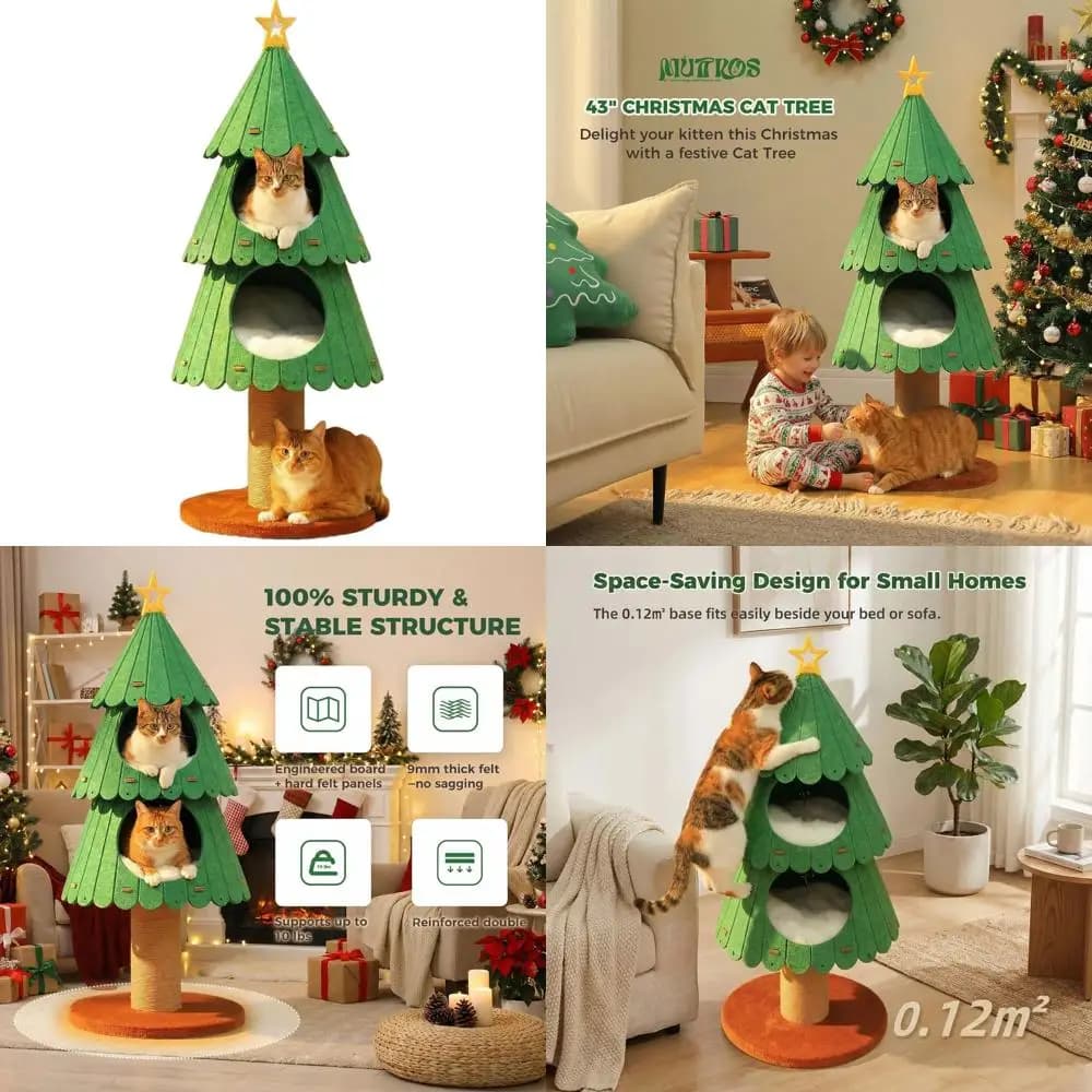 Albero di Natale per Gatti da Interno con 2 Casette Accoglienti per Gattini per Giocare e Riposare