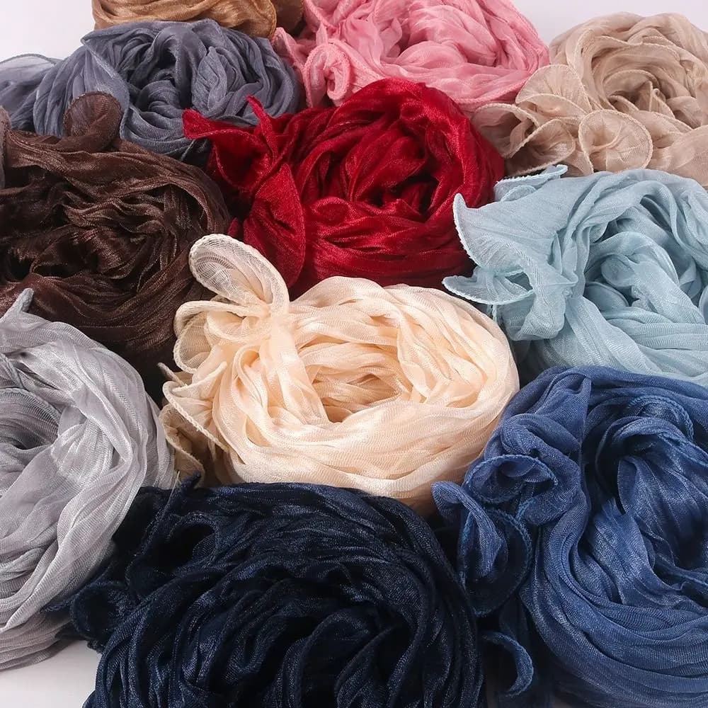 High Qulaity Solid Color Silk Scarf Ruffled Edge Shining Sunscreen shawl Long Soft Sunscreen Headscarf Outdoor