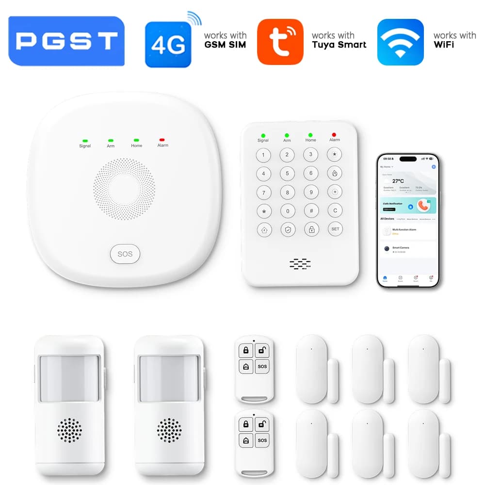 Sistema di Allarme Wireless WiFi PGST, Kit di Sicurezza Domestica Intelligente con Sensore per Porte, Sensore di Movimento, Tastiera SOS e Controllo APP per Appartamenti