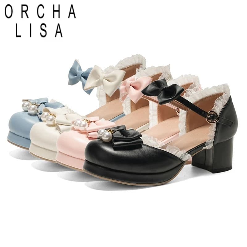 ORCHA LISA New Sweet Girls Block Heels Platform Buckle Strap Bowknot Plus Size 48 Lolita Style Women Pumps 28 Round Toe Pink Bla