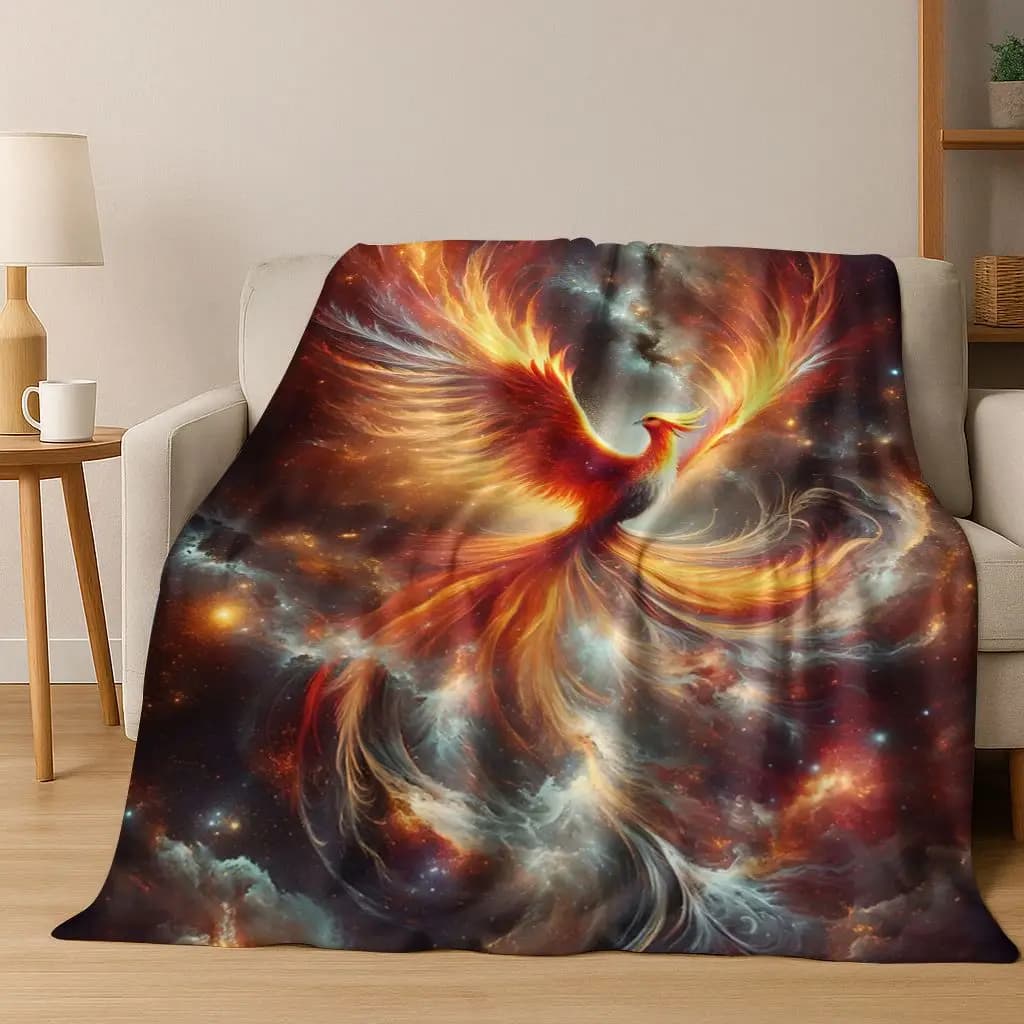 Coperta di flanella colorata con uccello divino Phoenix del fuoco della rinascita, morbida coperta calda e accogliente per la copertura del divano del letto della camera da letto di casa