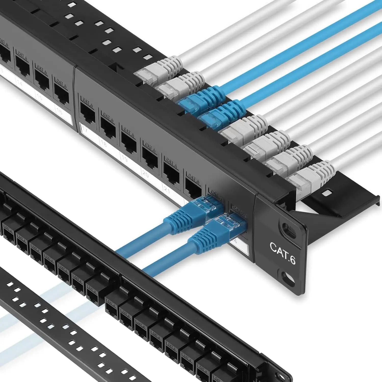 Patch Panel Cat6 a 24 Porte con Keystone Inline, Supporto 10G, Accoppiatore Pass-Through, Barra Posteriore Rimovibile per Cablaggio di Rete