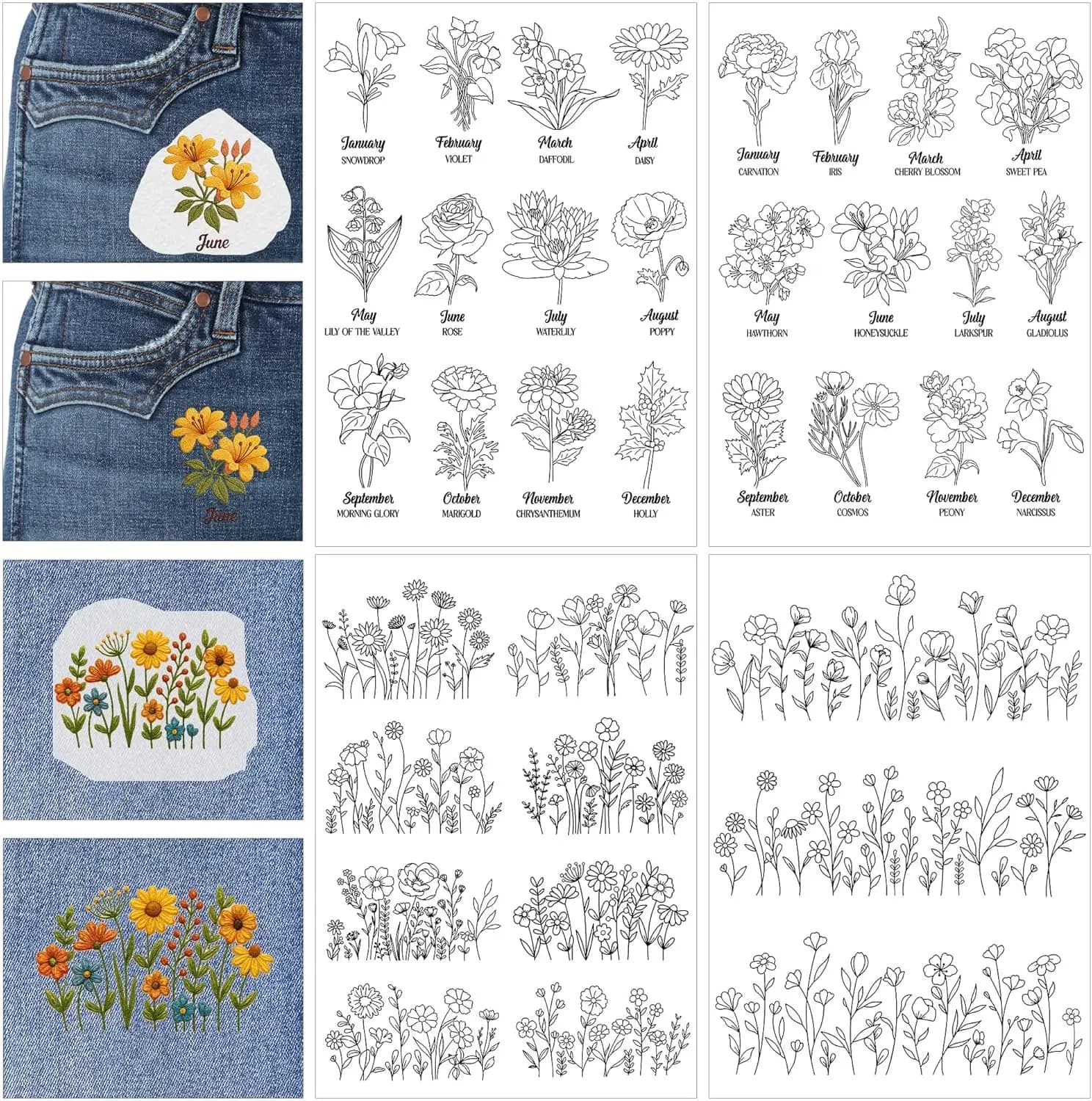 Water Soluble Stabilizer Embroidery Pattern,Birthday Flower Stick & Stitch Embroidery Paper Wash Away, Sewing Patterns for Jean