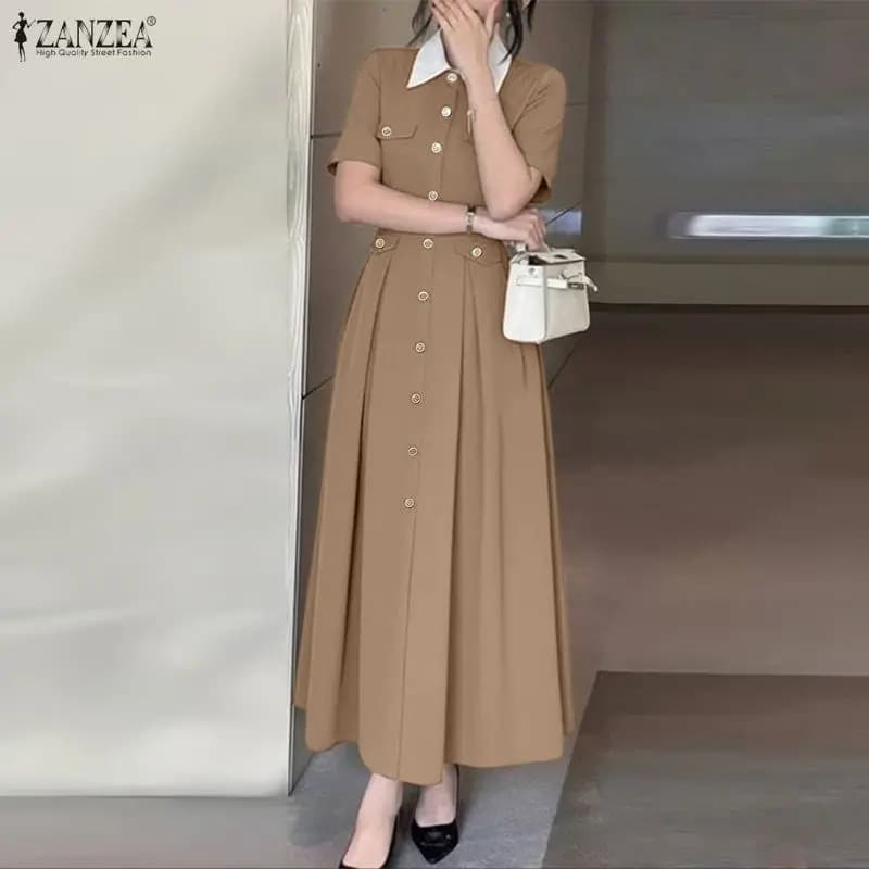 ZANZEA Elegante Camicia Lunga Vestito Estivo da Donna 2026 Moda Manica Corta con Bottoni Streetwear Abito Lungo da Ufficio