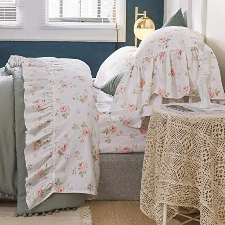 Set di Lenzuola Floreali Stile Shabby, 4 Pezzi, Misura Francese, Set Letto con Volant