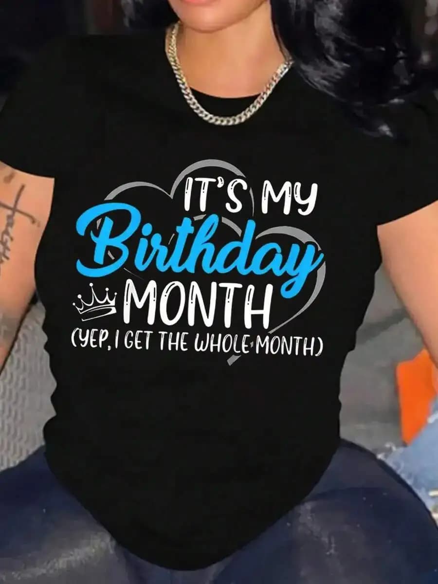 T-shirt casual da donna in cotone con grafica del mese di compleanno, maniche corte, girocollo, nero, con scritta blu e corona