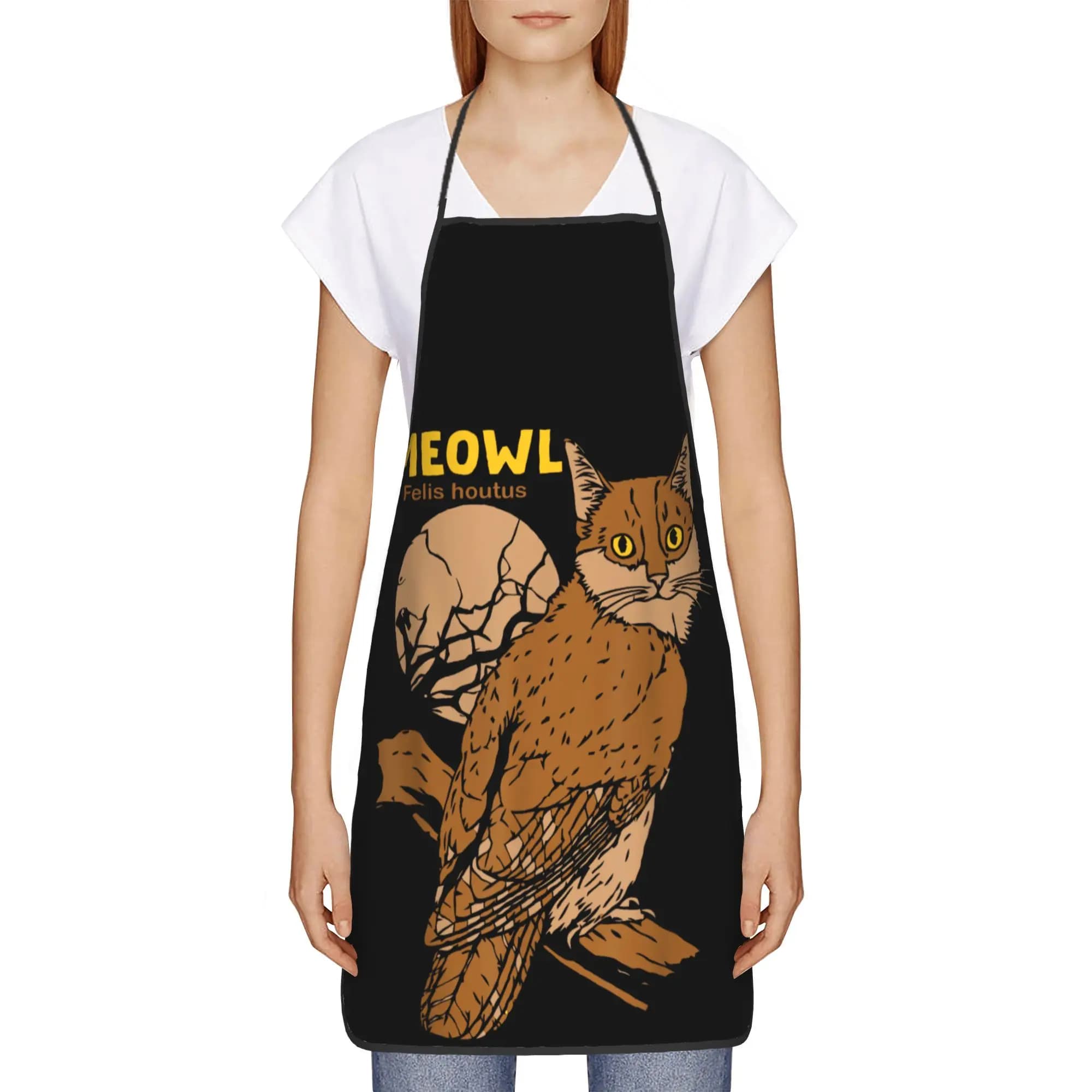 Grembiule impermeabile Meowl Cat Owl con albero e luna piena, in poliestere traspirante, divertente, con meme, per cucina, per adulti, uomo e donna