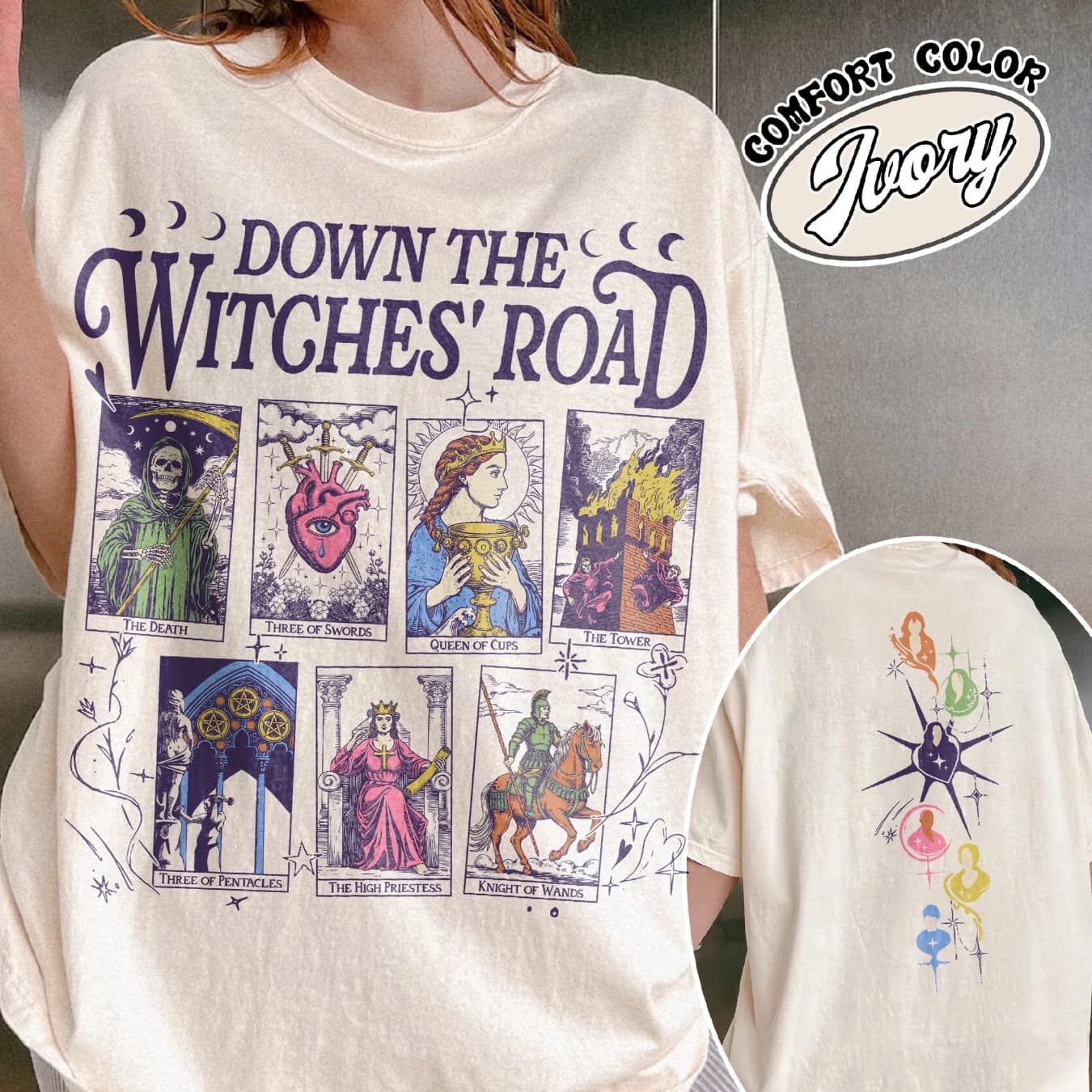 Camicia Down The Witches Road, camicia da strega verde Wicca, camicia da tarocchi Down The Witches Road, camicia Witch Coven, camicia All Along