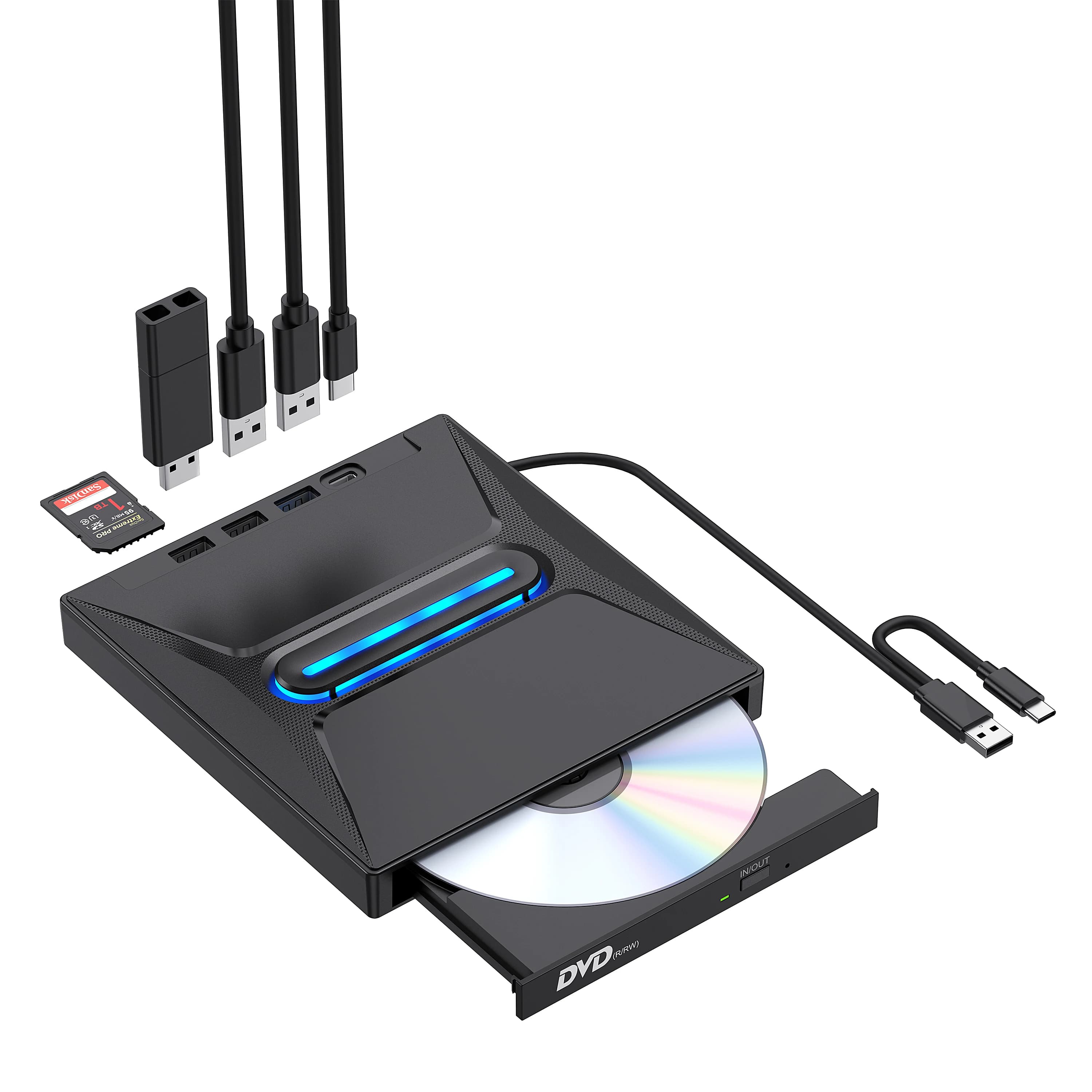 2024 unità CD DVD esterna Pro-portatile Typ C CD/DVD +/-RW con lettore di schede SD, masterizzatore CD ROM e Hub lettore DVD-Co