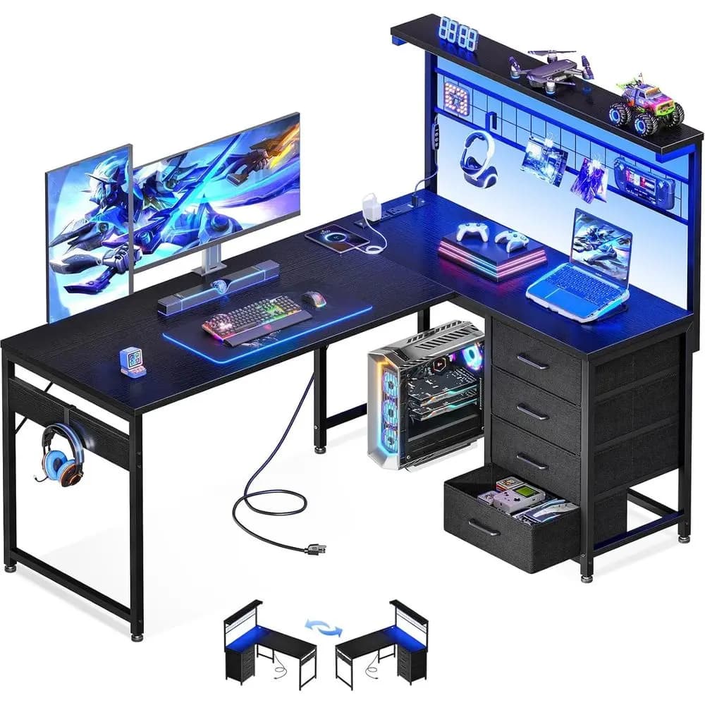 Scrivania da Gaming a L con Luce LED, Porte di Alimentazione e USB, Nera, per Ufficio Domestico
