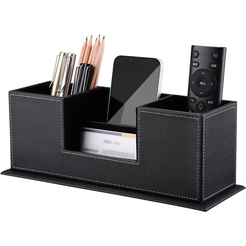 Organizer da scrivania in pelle PU nera con 4 scomparti per forniture per ufficio, biglietti da visita e accessori