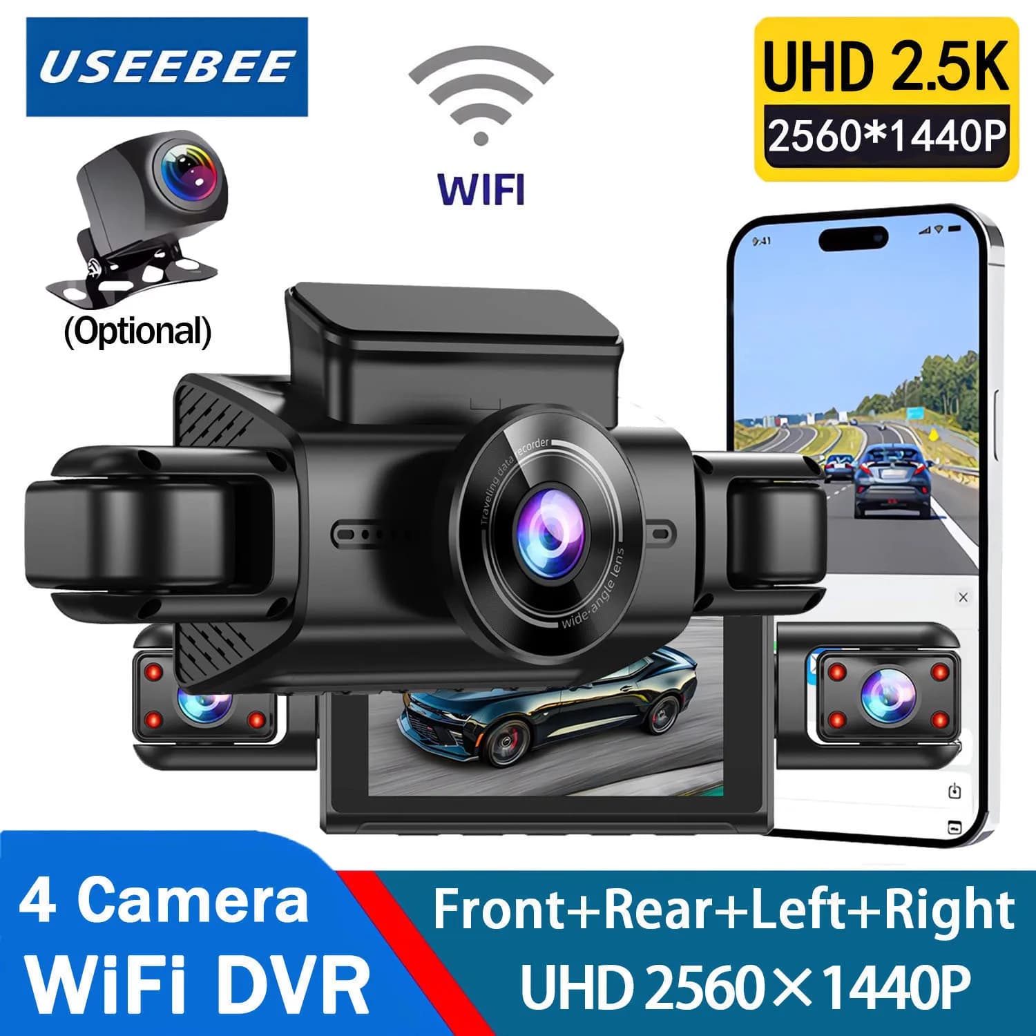 360 Degrees 4 Dash Cam Car Cameras DVR WiFi 2.5K Video Recorder 4 Channel Rear View Night vision Black box DVR for vehicle