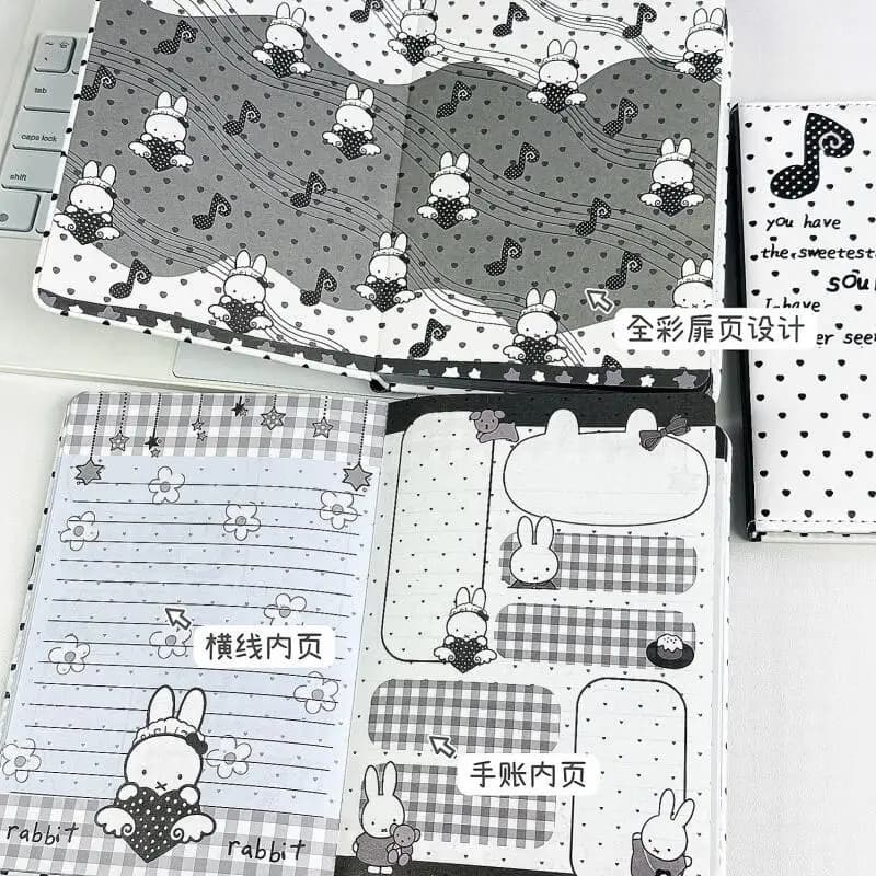 Miffy Kawaii Black Beret Polka Dot Pu Notebook Monochrome Print Full Color Inner Pages Portable Journal Hand Account Planner