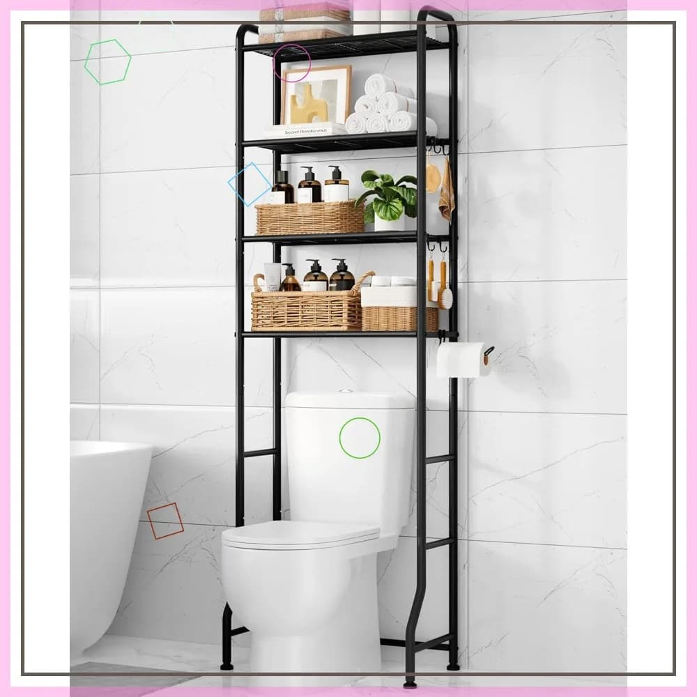 Scaffale portaoggetti in metallo da posizionare sopra il WC con porta carta igienica e ganci, organizer da bagno a 4 livelli in nero, altezza 74,2 pollici
