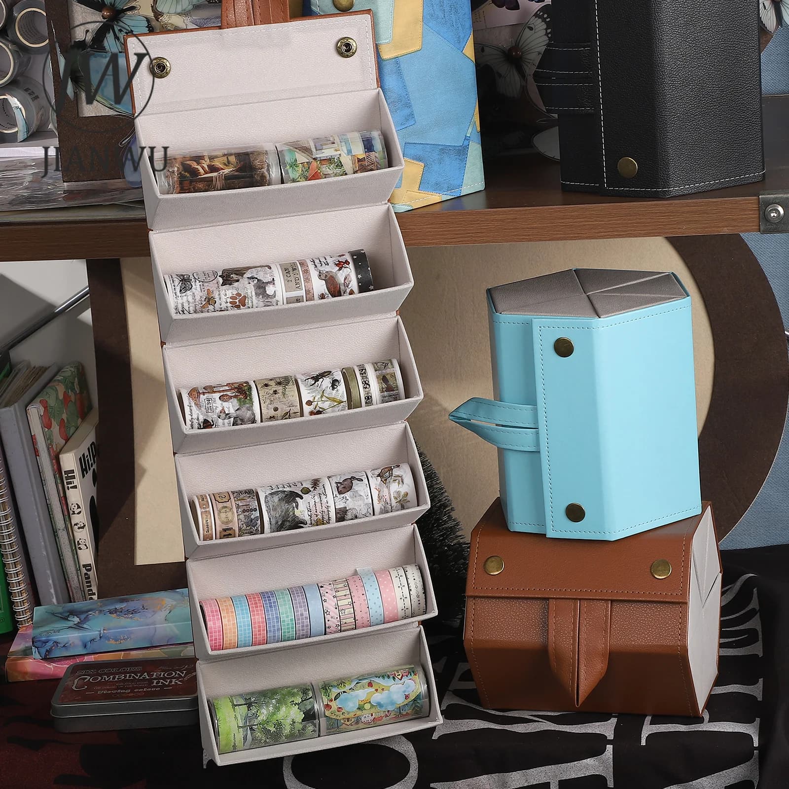 JIANWU Vintage Six-layers Leather Multifunctional Handbook Material Collage Glasses Storage Box Creative DIY Journal Stationery