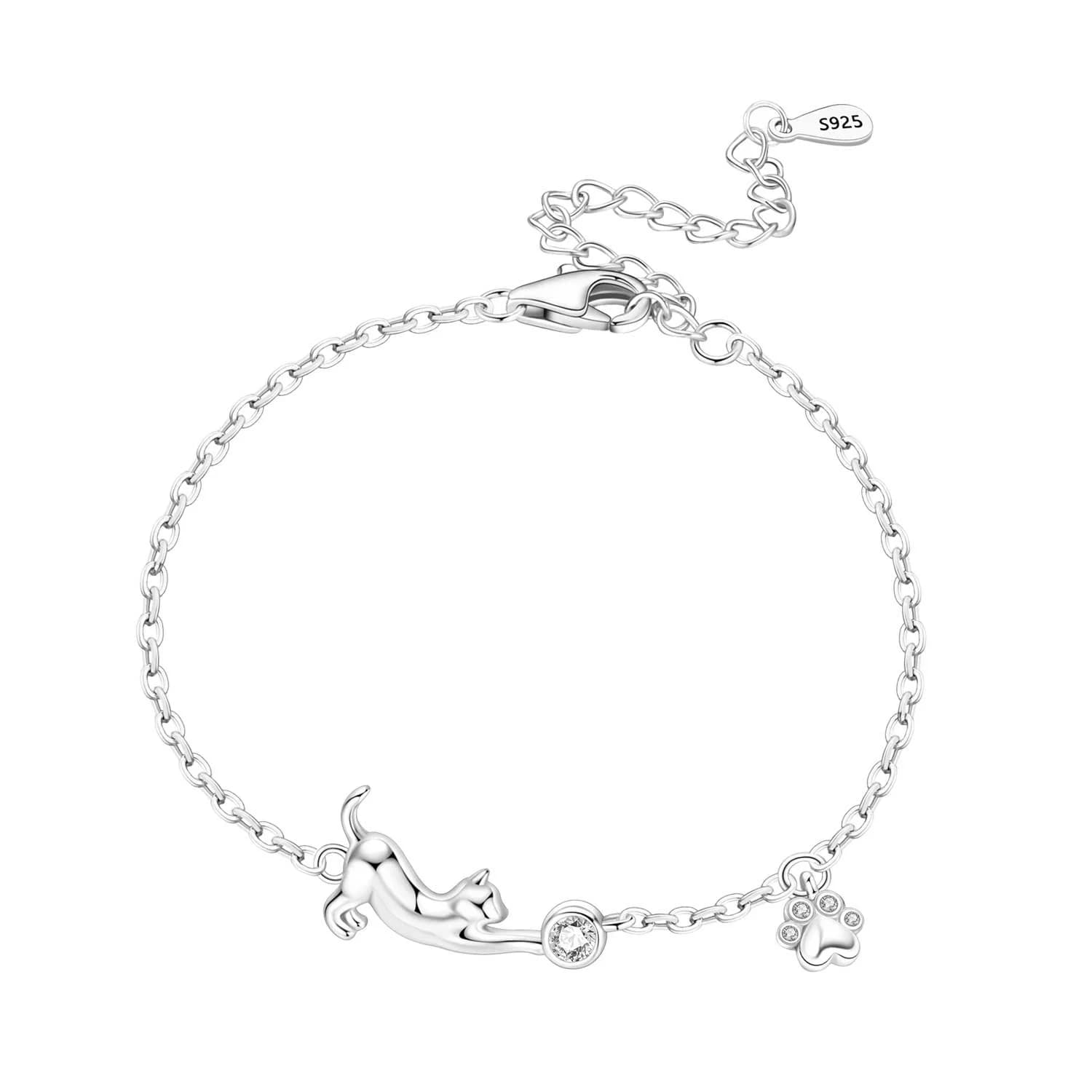 Orstarry Nuovo argento sterling 925 simpatico gatto animale domestico braccialetto a maglie a catena braccialetto da donna gioielli regali alla moda per feste