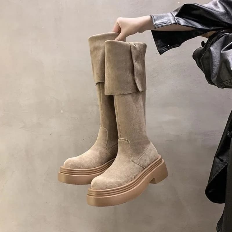 Autunno Inverno Moda Nuovo Colore Solido Punta Rotonda Fondo Spesso Tacco Basso Sopra Il Ginocchio Comodi Stivali da Donna Botas Mujer 11