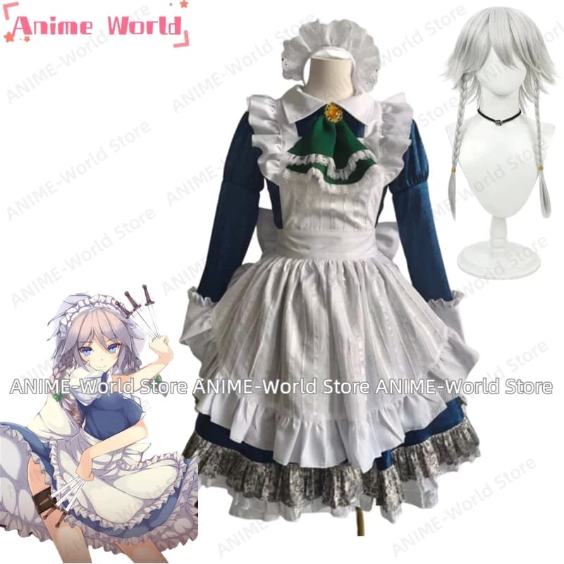 《Custom Size》Anime Touhou Project Izayoi Sakuya Cosplay Costume Halloween Christmas Role Playing Party Women Men Dress Wig