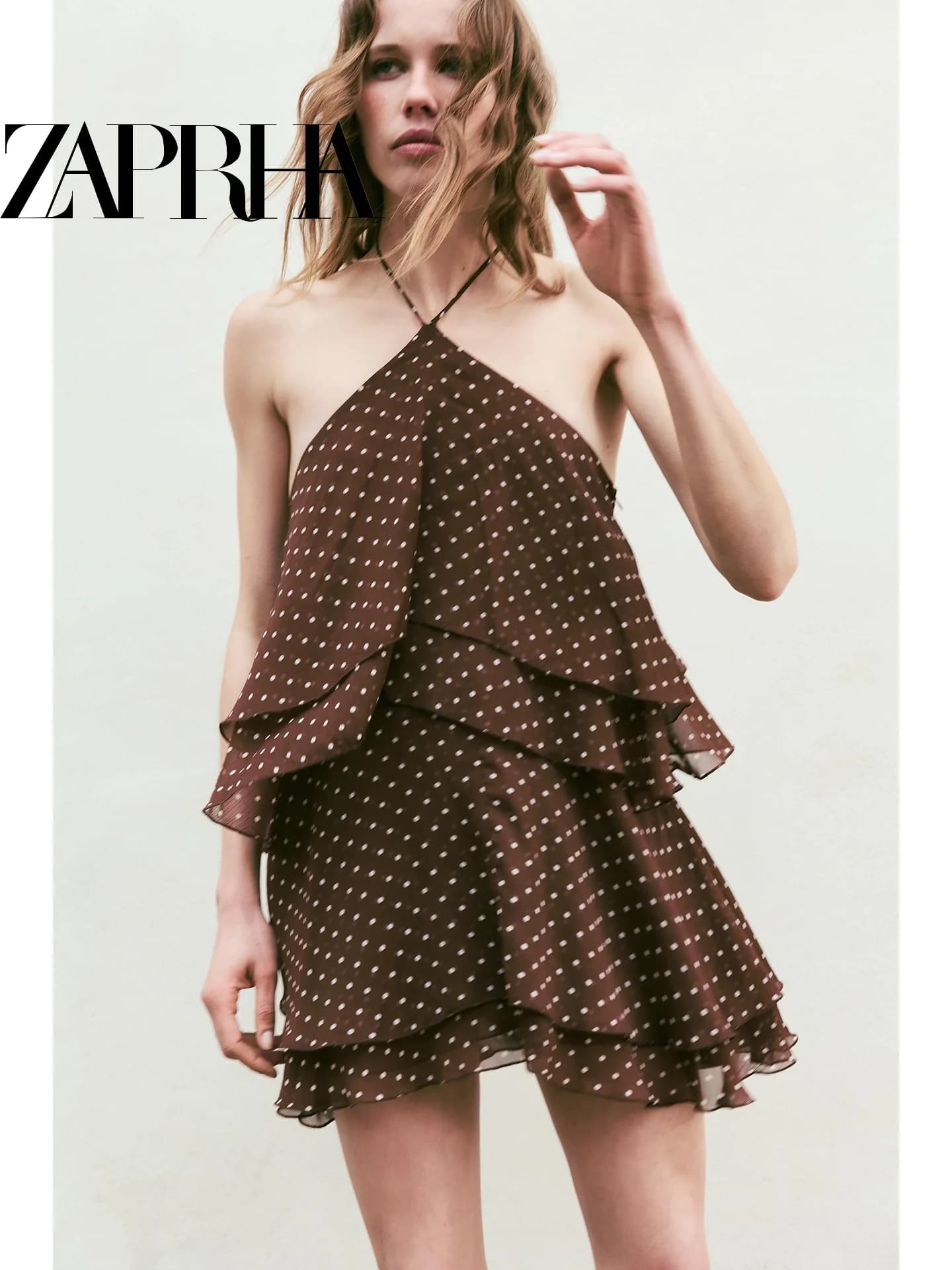 Summer 2026 Vintage Multi-Layer Ruffle Polka Dot Neck Hanging Dress Women's Casual A-Line Skirt Style Commute No-Sleeve Loose...