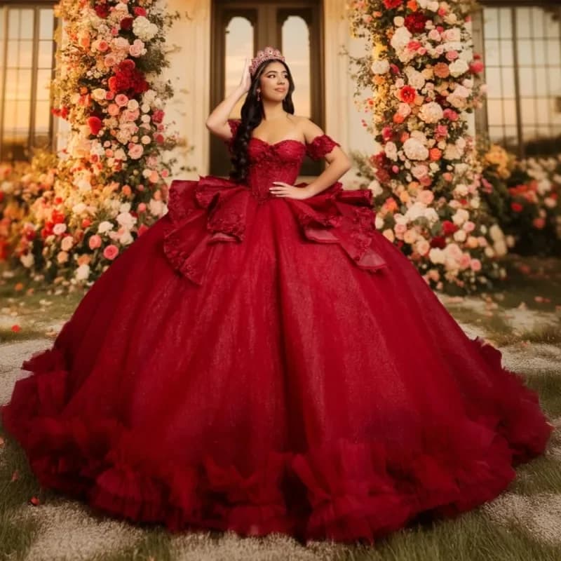 Abito Rosso Lucido da Principessa per Festa dei 16 Anni, Vestito Quinceanera con Applicazioni in Pizzo, Perline e Cristalli, Tulle a Strati per Compleanno e Feste