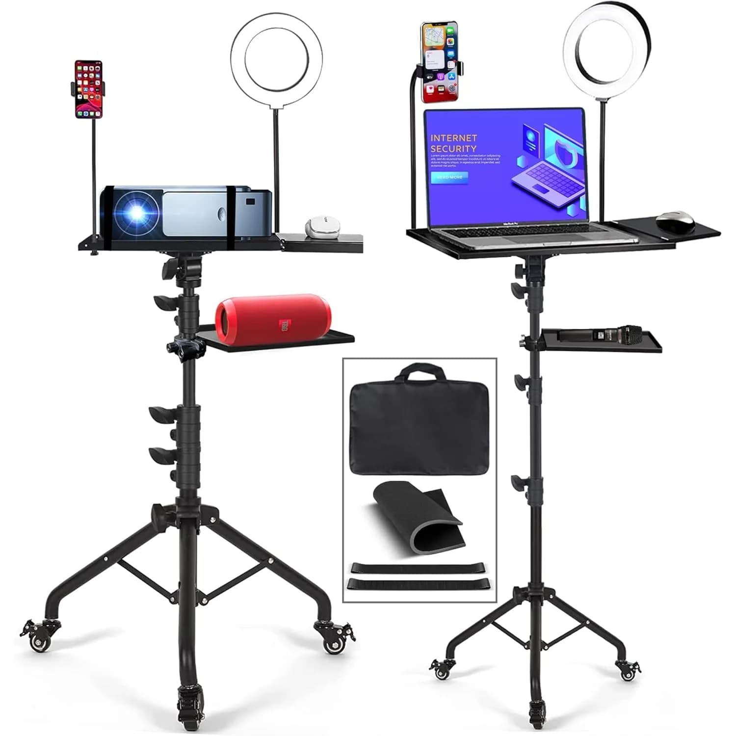 Projector Tripod Stand with Wheels and 6" LED Ring Light for Laptop Recording Streaming