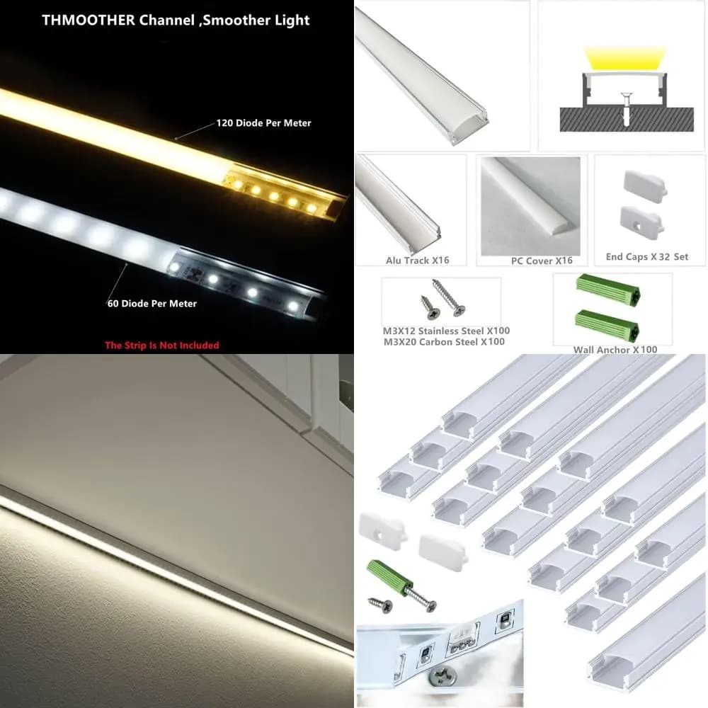 6.56T LED Strip Diffuser, Pack of 8 Profiles with Opaque Covers, Surface Mounting for Cabinet Lighting, Ceiling and Walls