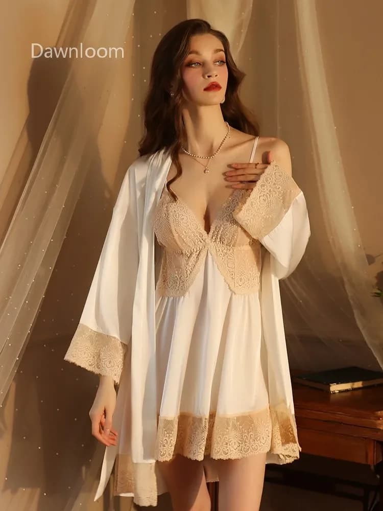 Dawnloom Women's Silk Two-Piece Pajamas Deep V Strappy Nightgown with Cardigan Light Luxury Home Wear Set