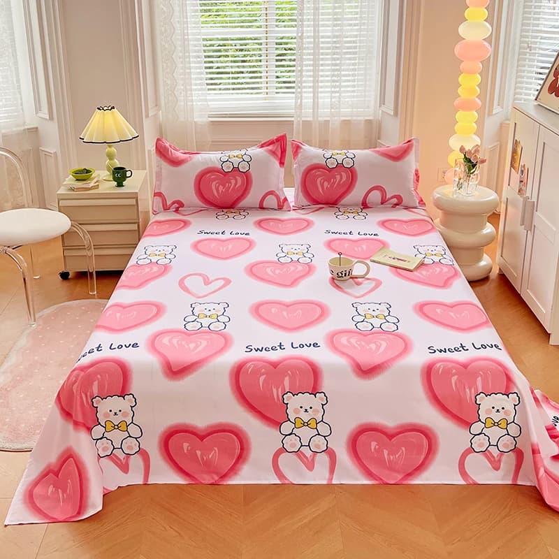 1 lenzuolo con base bianca, cuore rosa e orso cartone animato con biancheria da letto modello "dolce amore" per l'arredamento della camera da letto del bambino romantico e carino