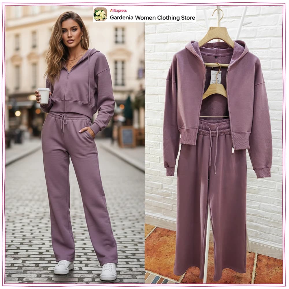 Set Coordinato Primavera/Autunno per Donna: Felpa con Cappuccio in Cotone e Pantaloni a Gamba Dritta con Coulisse