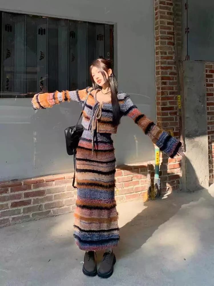 Set cardigan lavorato a maglia a righe vintage donna autunno inverno cardigan a maniche lunghe con lacci sottile Y2K camicette casual abiti set da 2 pezzi
