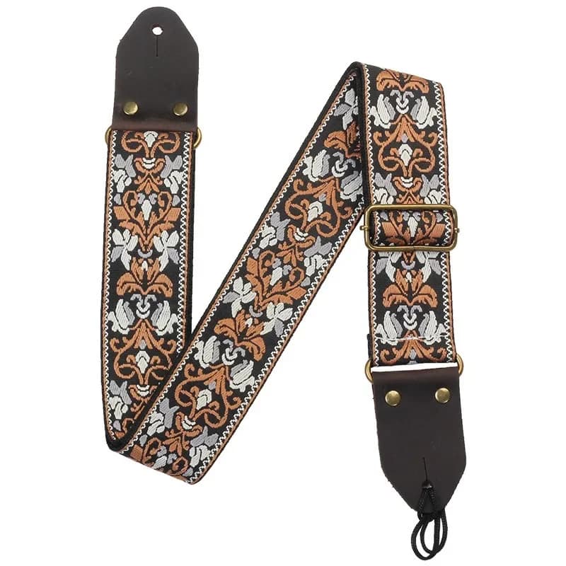 Cintura per tracolla per chitarra con fiori vintage con plettro per unghie a coda Tessuti ricamati in tessuto Boemia Tracolla per basso per chitarra con testa in vera pelle