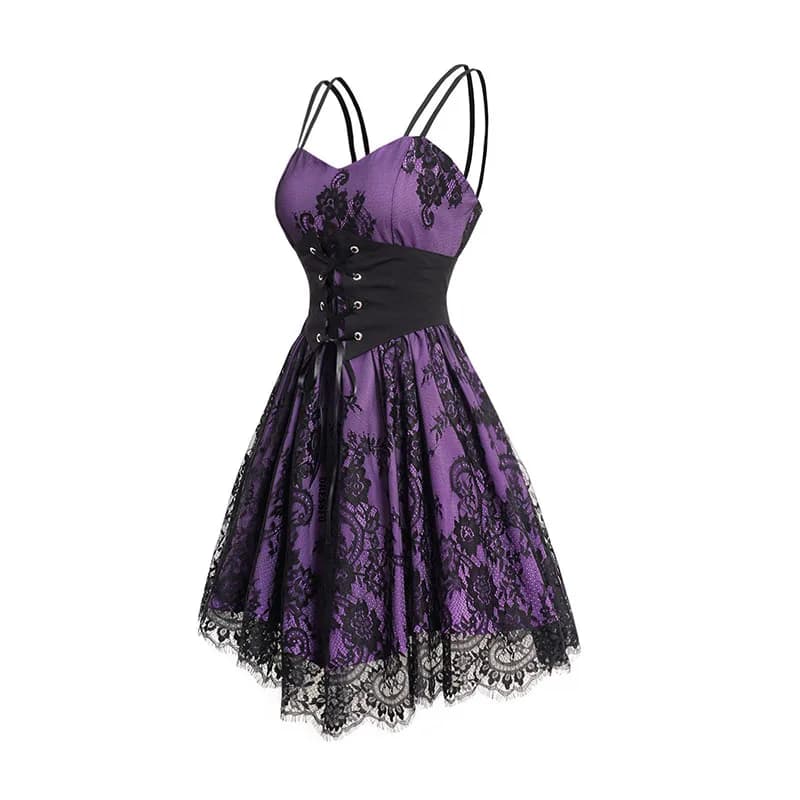 Dressfo 2025 Abiti gotici da donna Allover Stampa floreale Sovrapposizione di rete in pizzo con cintura a corsetto Abito con doppia cinghia per spaghetti