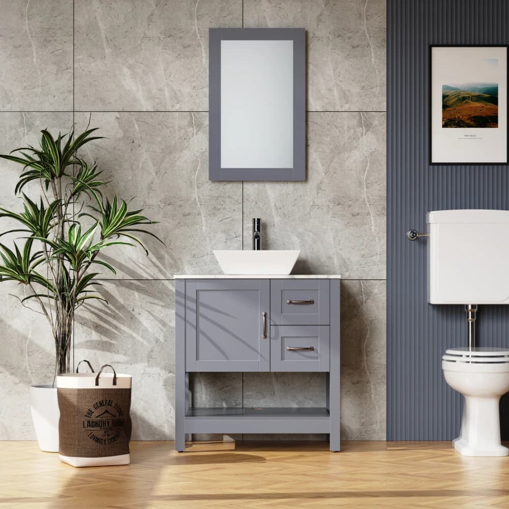 Mobile da Bagno Grigio 30 Pollici con Lavabo, Top Effetto Marmo, Specchio, Rubinetto e Scarico