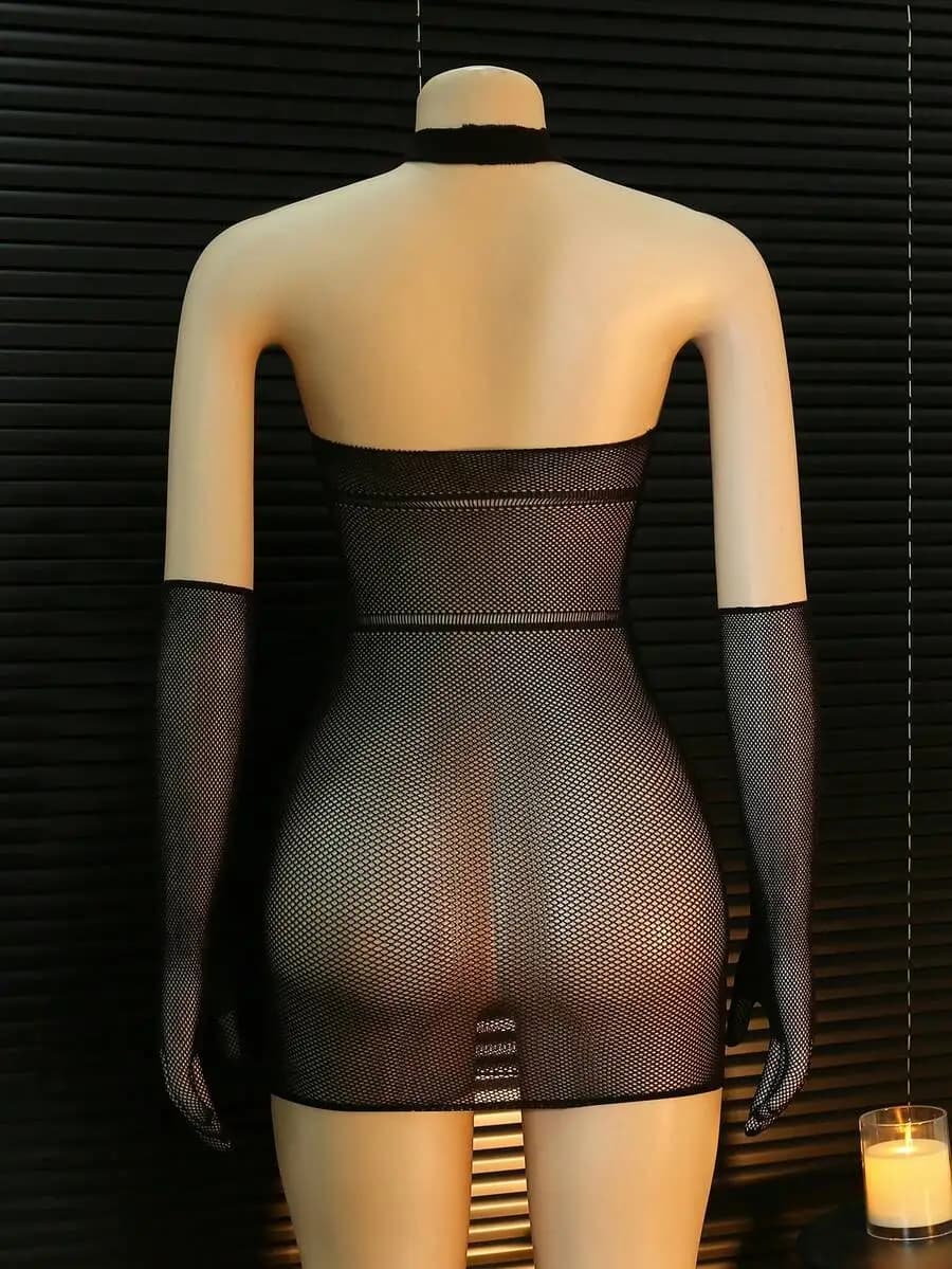 ChaseTheNight 3pcs Women's Halter Neck Hollow Out Dress & Lingerie Set,Fishnet Mesh Sleep Dress For Valentine's Day,Sparkly
