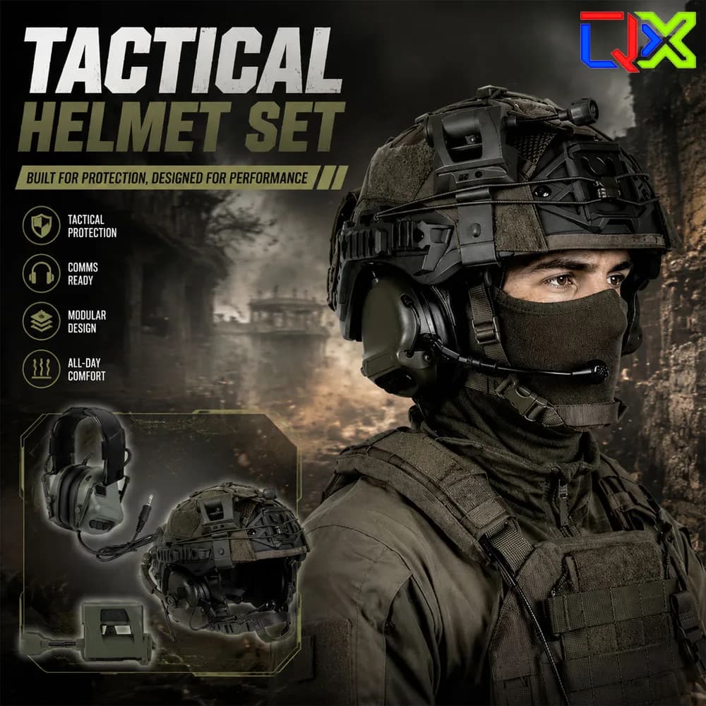 QX 5-in-1 Tactical Bump Helmet Set with Communication Headset LED Headlamp for Airsoft Paintball Training Cosplay Gear