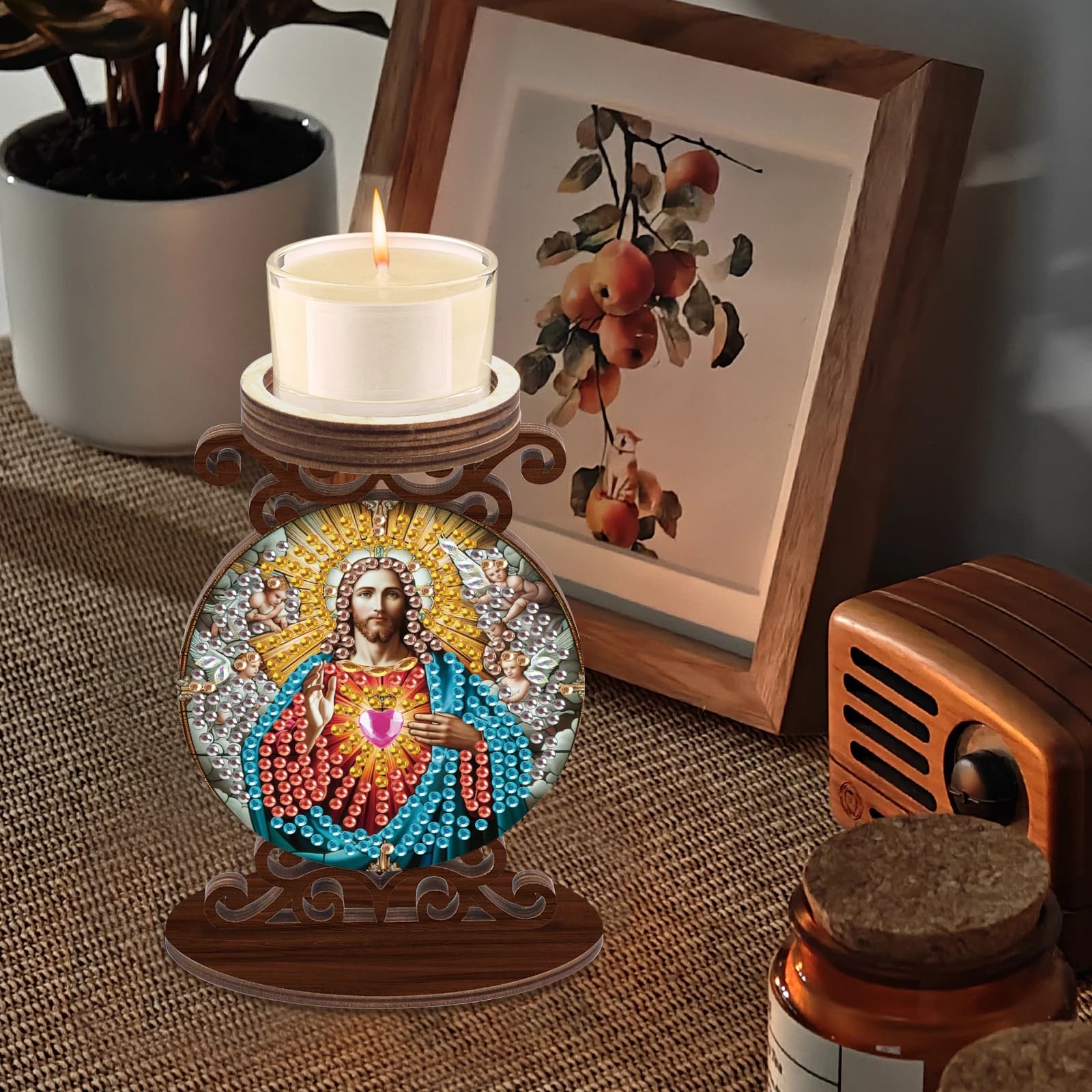 Kit portacandele con pittura artistica con diamanti, tema religioso Woodines Diamond Art Portacandele per tavolo di casa Decora regalo